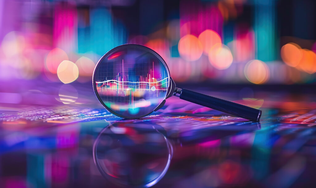 A magnifying glass over financial charts and graphs, representing stock market analysis or business data presentation. High quality stock photo in the style of bokeh panorama, tiltshift lens