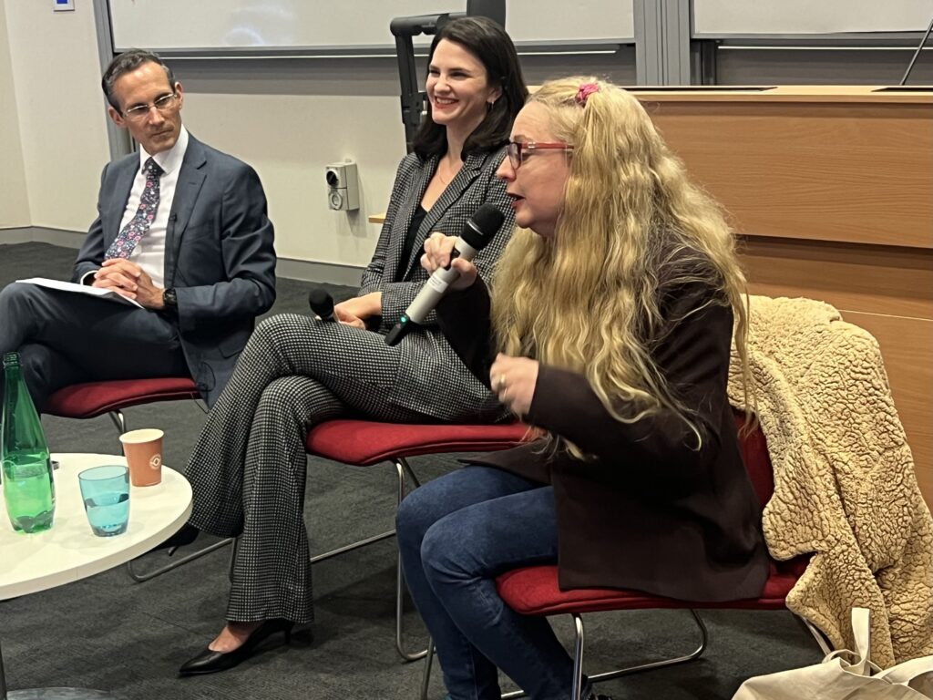 Andrew Leigh, left, Nina Jankowicz, centre, and Van Badham, right, speaking in Canberra about disinformation. Picture: Ginger Gorman