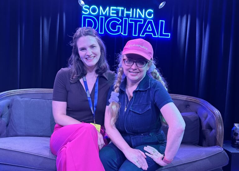 Australia’s Van Badham and Nina Jankowicz speaking together at the 'Something Digital' conference in Brisbane. Picture: Supplied